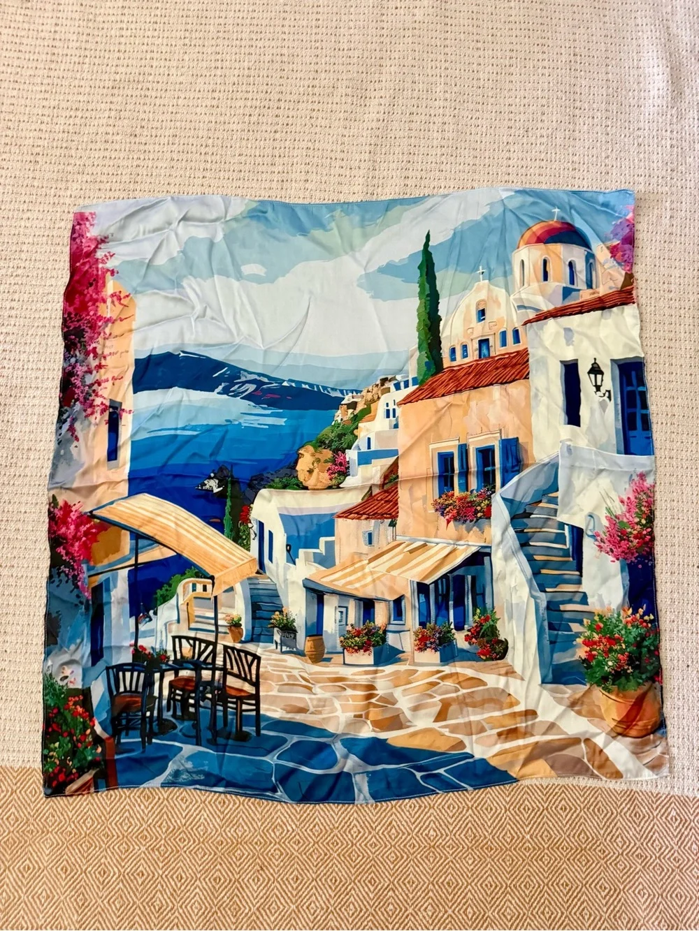 Souvenir Scarf Depicting a Mediterranean Street Scene. NWOT
